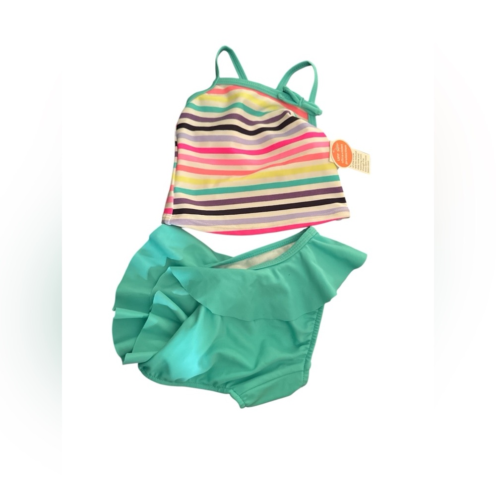 Carters new Two-Piece Teal Ruffle Swim Set with Multicolor Stripe Top